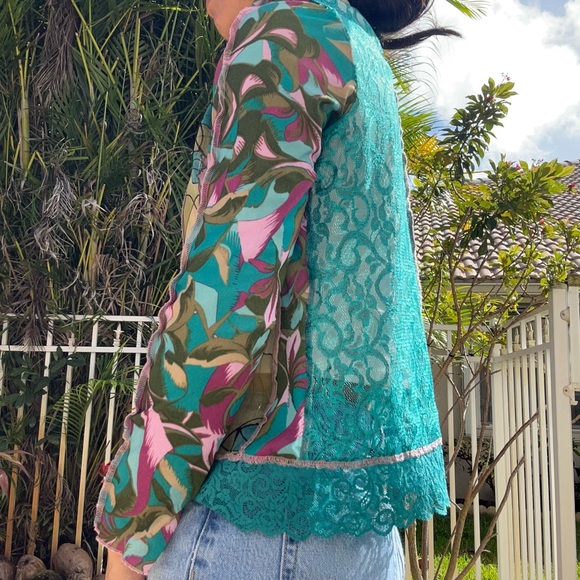 Susan Bristol Sheer Lace Sequin Turquoise Pink Front Zipper Blazer Jacket Blouse - Picture 2 of 9